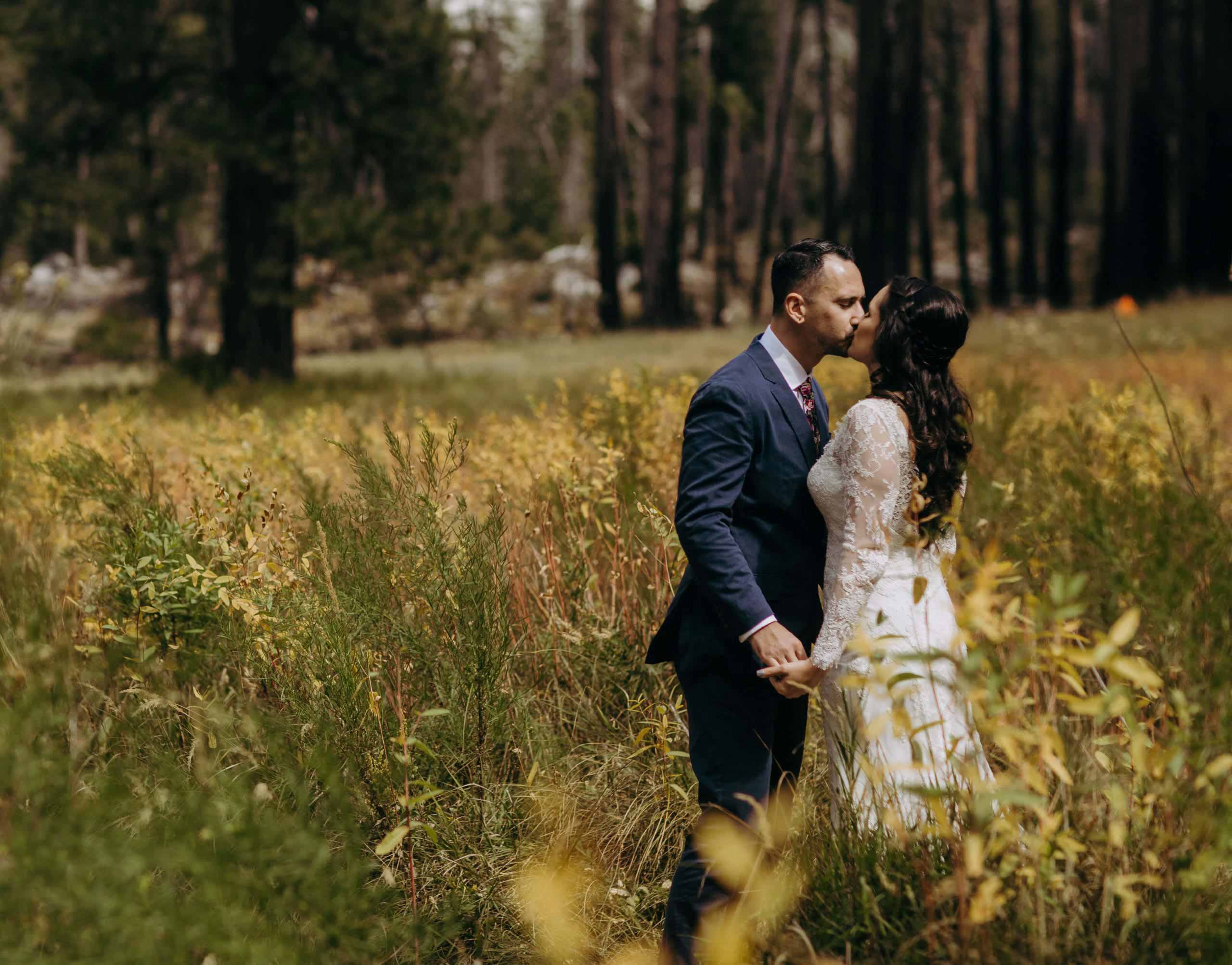 A bride and groom sharing a romantic kiss in a field of tall grass