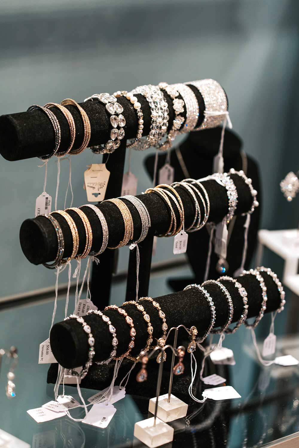 A display of bracelets on display in a bridal store.